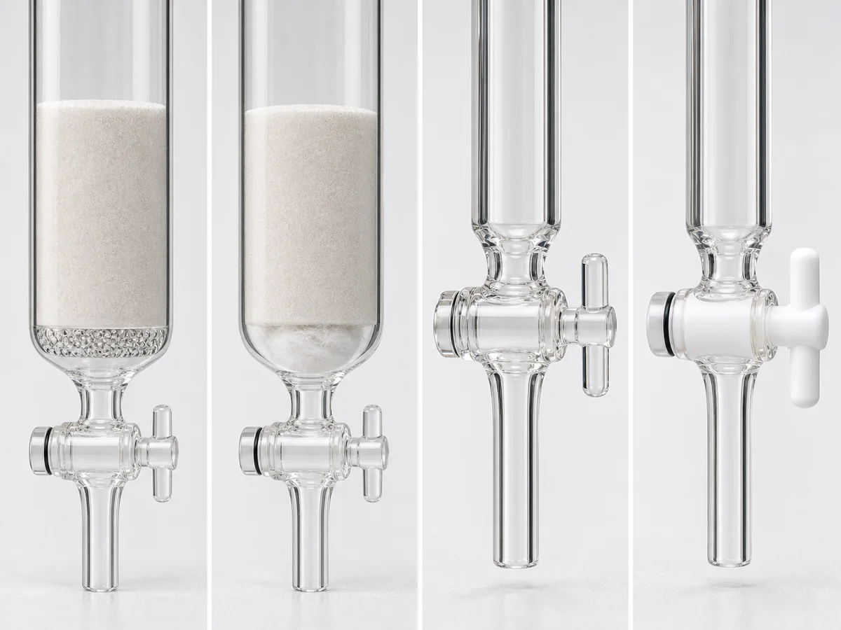 Chromatography column support beds and glass and PTFE stopcocks compared