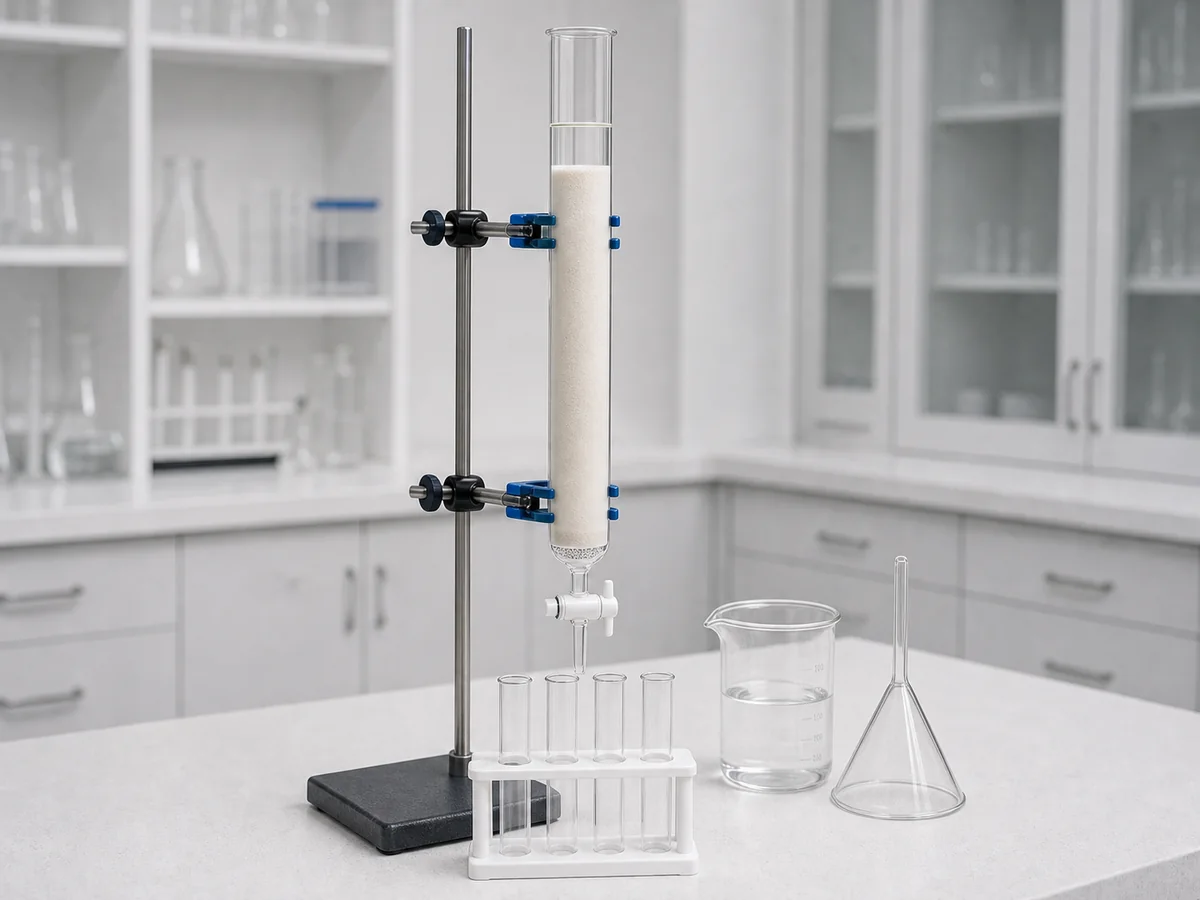 Packed glass chromatography column supported above fraction collection tubes