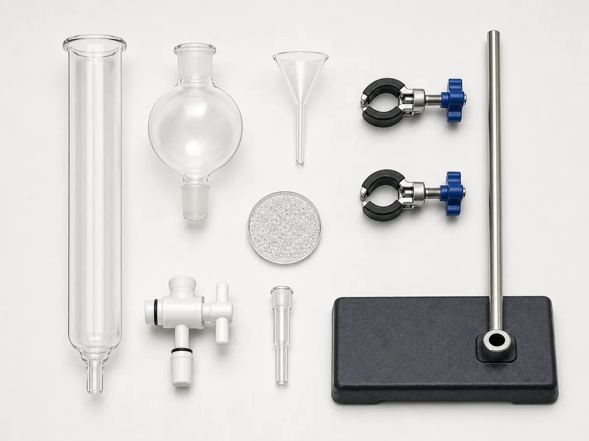 Glass chromatography column reservoir frit stopcock clamps and support stand arranged separately