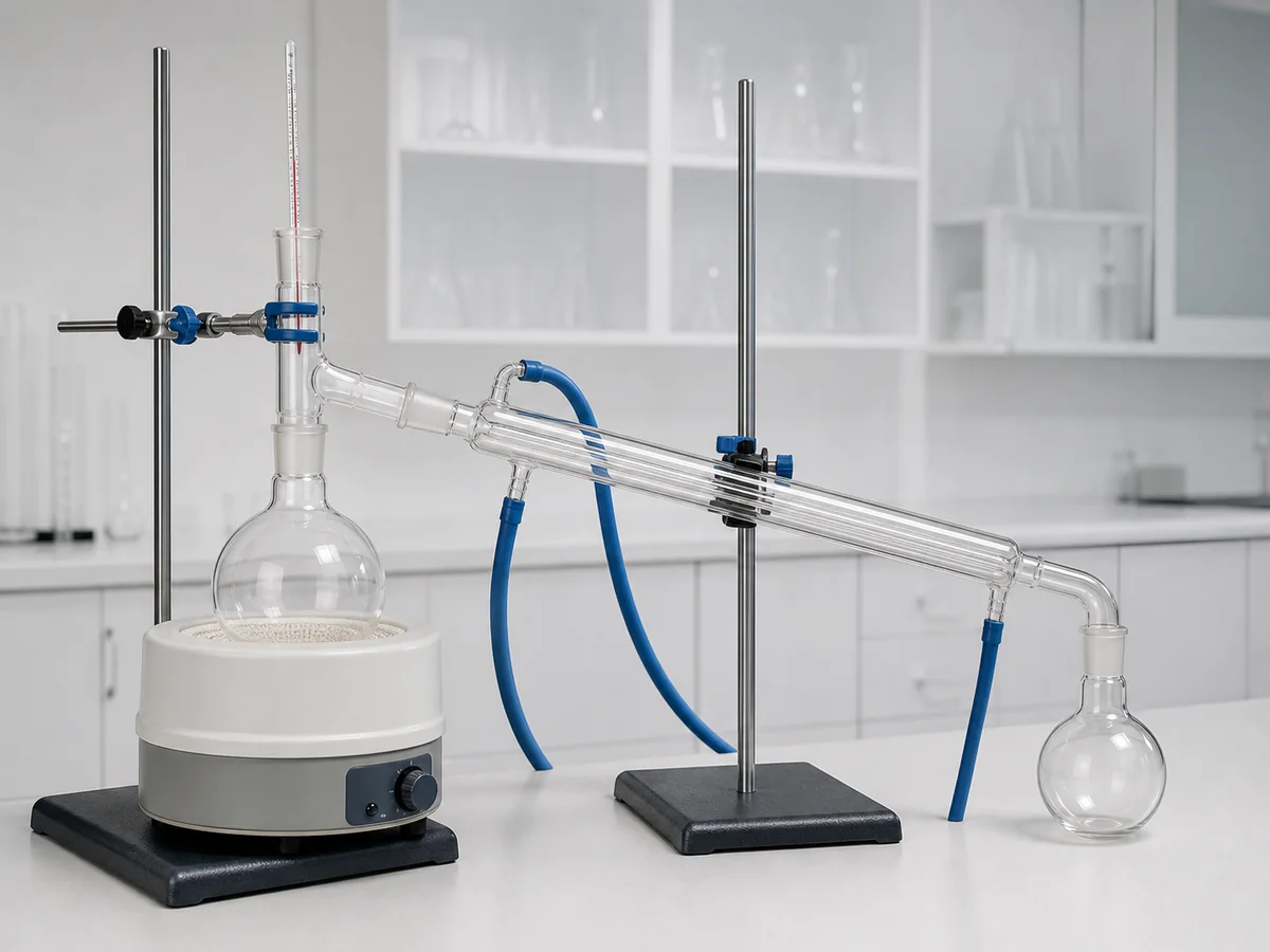 Complete simple distillation apparatus supported by laboratory stands and clamps