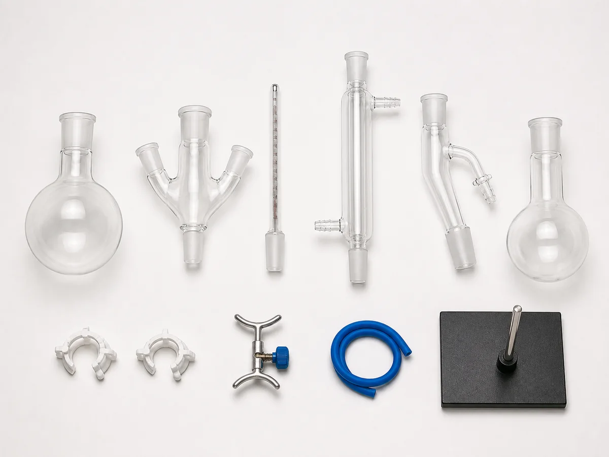 Distillation apparatus glassware and support parts arranged separately