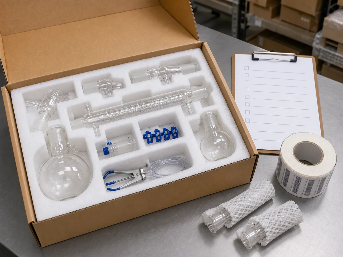 Distillation glassware kit protected in foam packaging beside a quote checklist