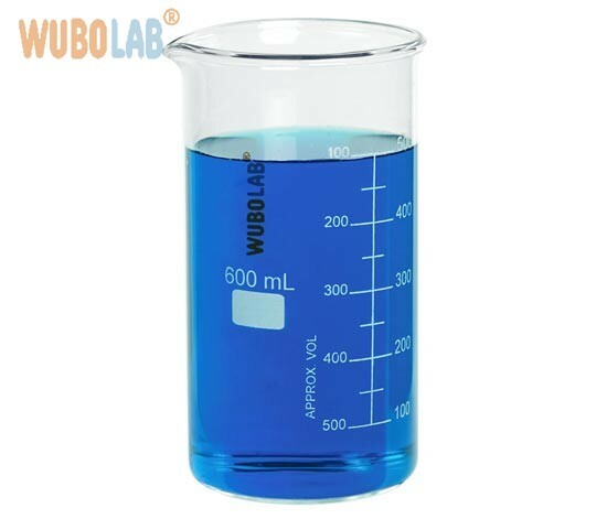 Tall form borosilicate beaker with double capacity scale